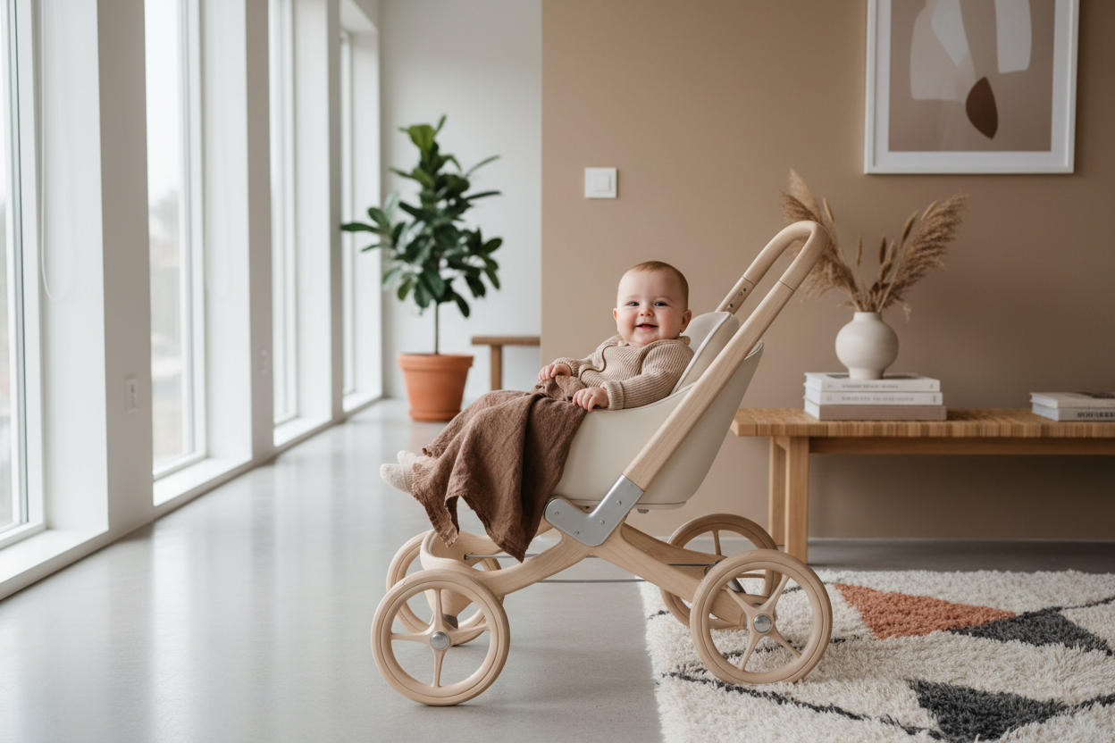 a modern danish baby in a modern danish buggy resembling the colortone on this site: https://www.aagaardklinik.dk/da - earthly brown, beige tone, no bright colors, calm