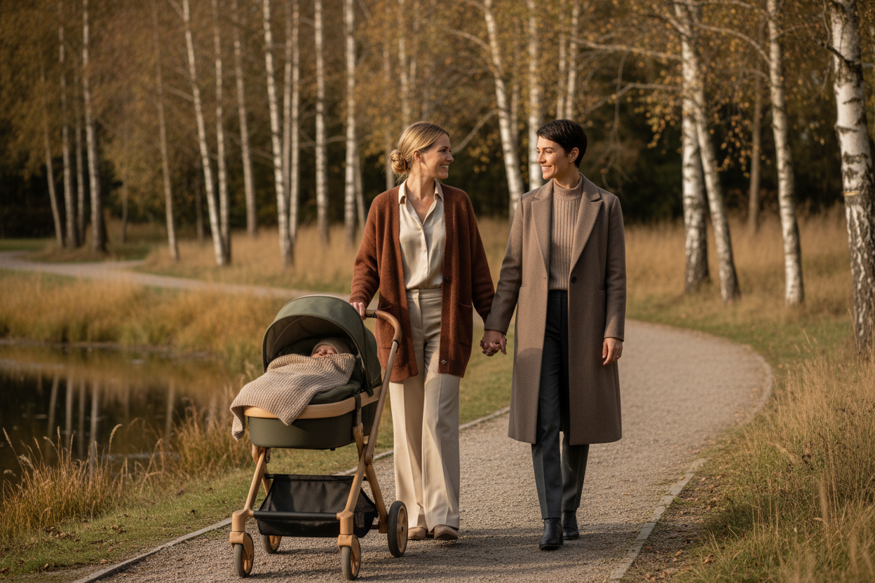 a modern danish couple, female and female, with a baby in a modern danish buggy resembling the colortone on this site: https://www.aagaardklinik.dk/da - earthly brown, beige tone, no bright colors, calm. please ensure that the hands and fingers are accurately human