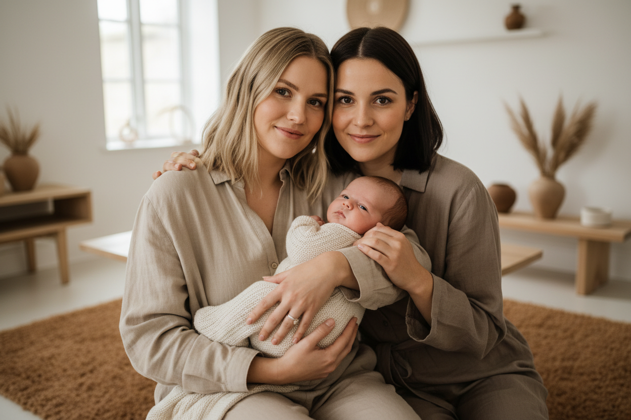 a modern danish couple, female and female, with a baby, resembling the colortone on this site: https://www.aagaardklinik.dk/da - earthly brown, beige tone, no bright colors, calm