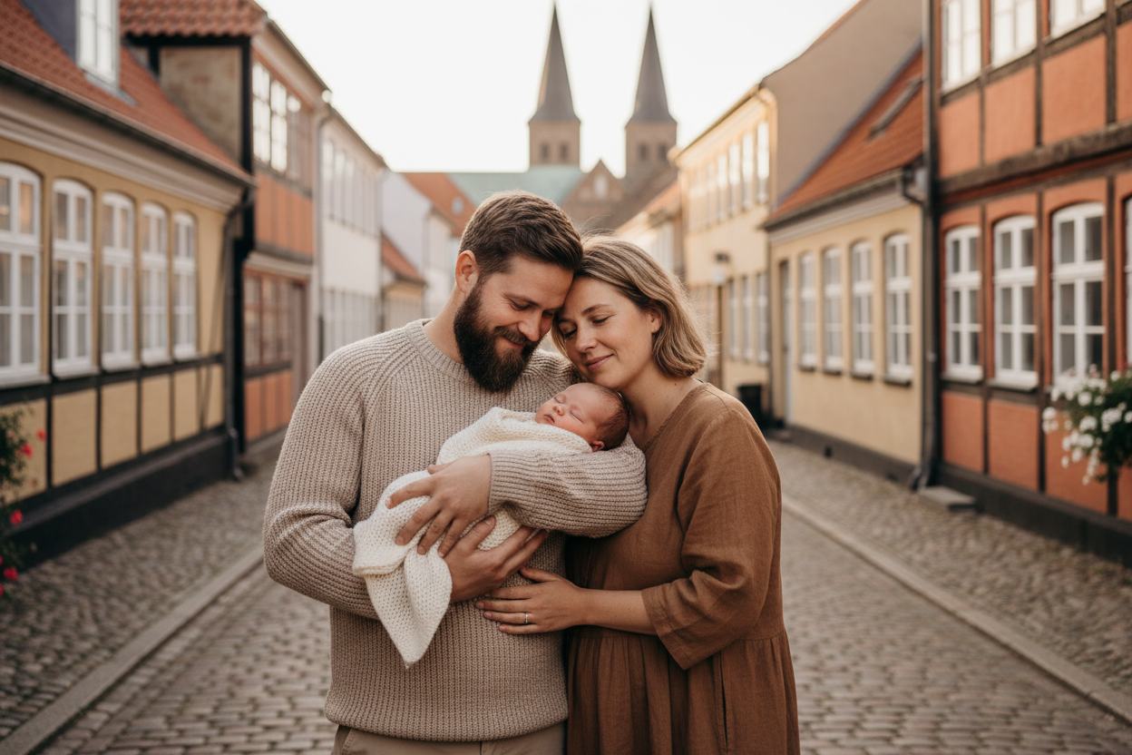 a modern danish couple, male and female, with a baby in roskilde town, resembling the colortone on this site: https://www.aagaardklinik.dk/da - earthly brown, beige tone, no bright colors, calm