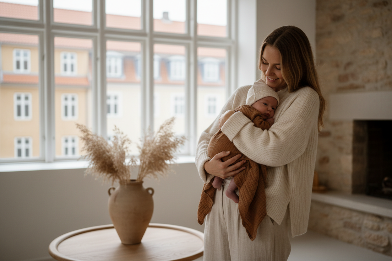 a modern danish mum, with a baby in copenhagen. resembling the colortone on this site: https://www.aagaardklinik.dk/da - earthly brown, beige tone, no bright colors, calm