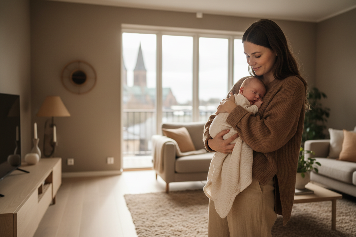 a modern danish mum, with a baby in roskilde. resembling the colortone on this site: https://www.aagaardklinik.dk/da - earthly brown, beige tone, no bright colors, calm